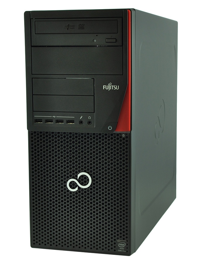 Front view of a Fujitsu desktop computer tower with multiple drive bays and a large perforated front panel a USB ports area shown on the lower-left edge.