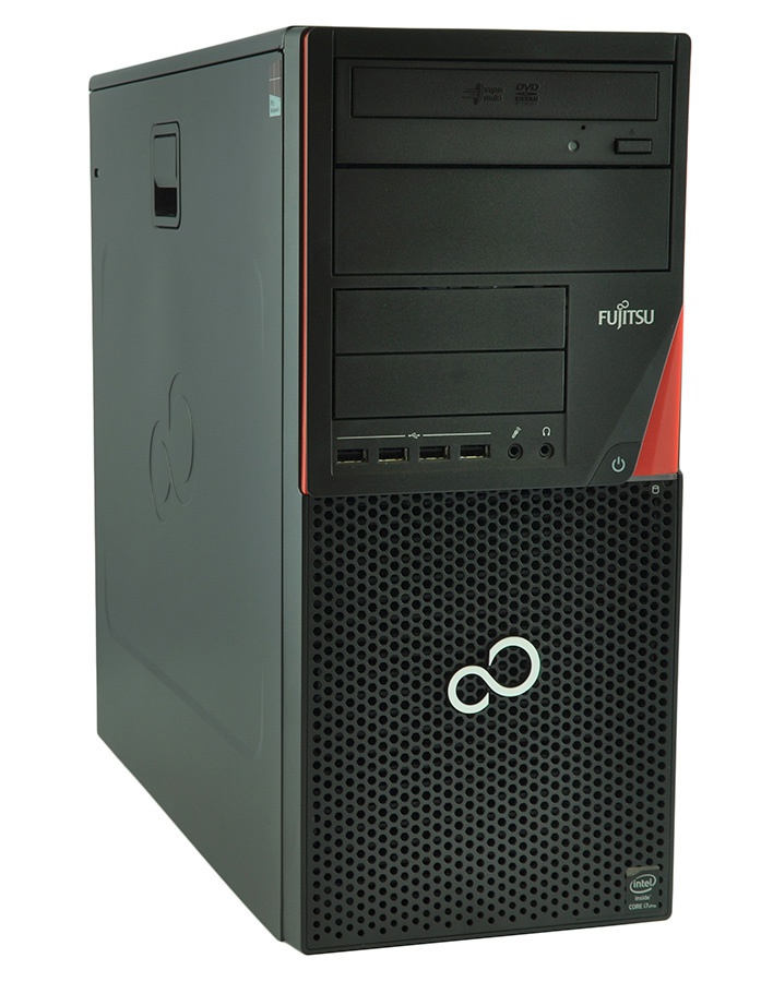 Tower computer/server with DVD drive, USB ports, audio jacks, and perforated front panel displaying a white infinity logo (Fujitsu branding)