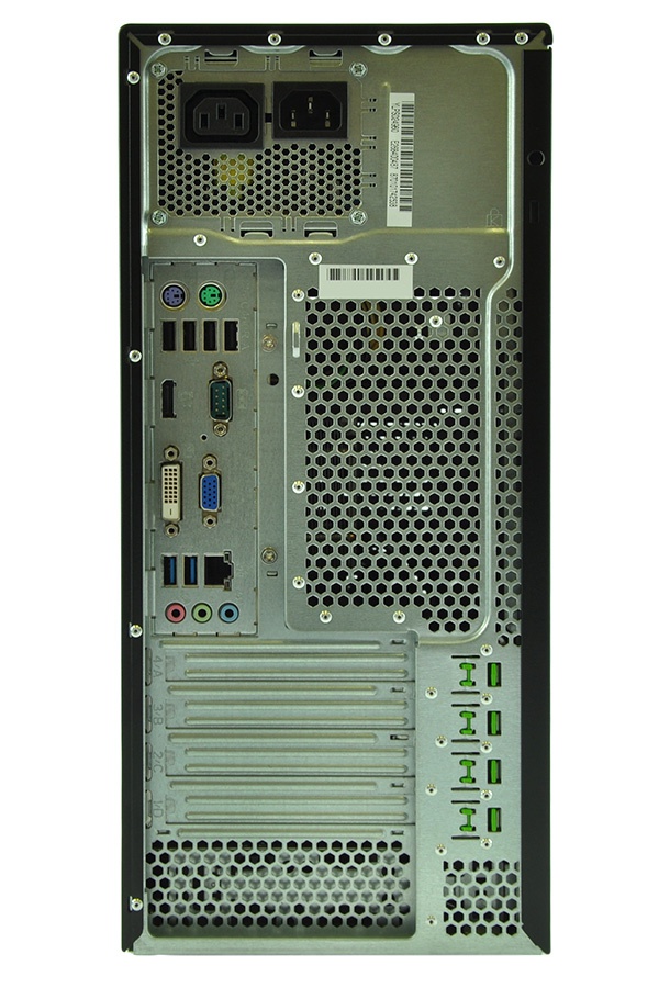 Rear view of a desktop PC showing I/O panel (PS/2, VGA, serial, USB, Ethernet), expansion slots, and a large ventilation grille.