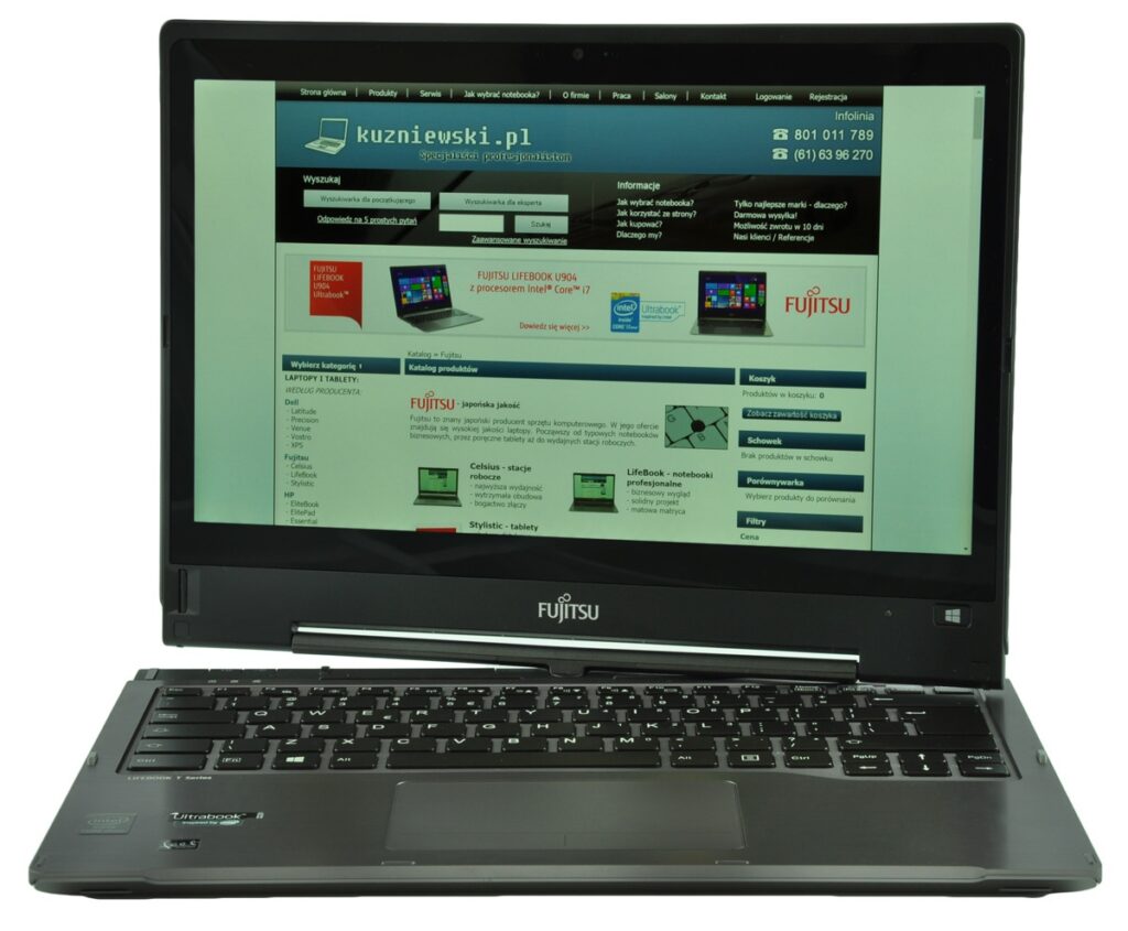 fujitsu-lifebook-t904-lk_130540 - lab-kuzniewski.pl - Testy laptopów, recenzje i porównania Open Fujitsu laptop displaying a Polish website homepage on screen with navigation bars and product banners.