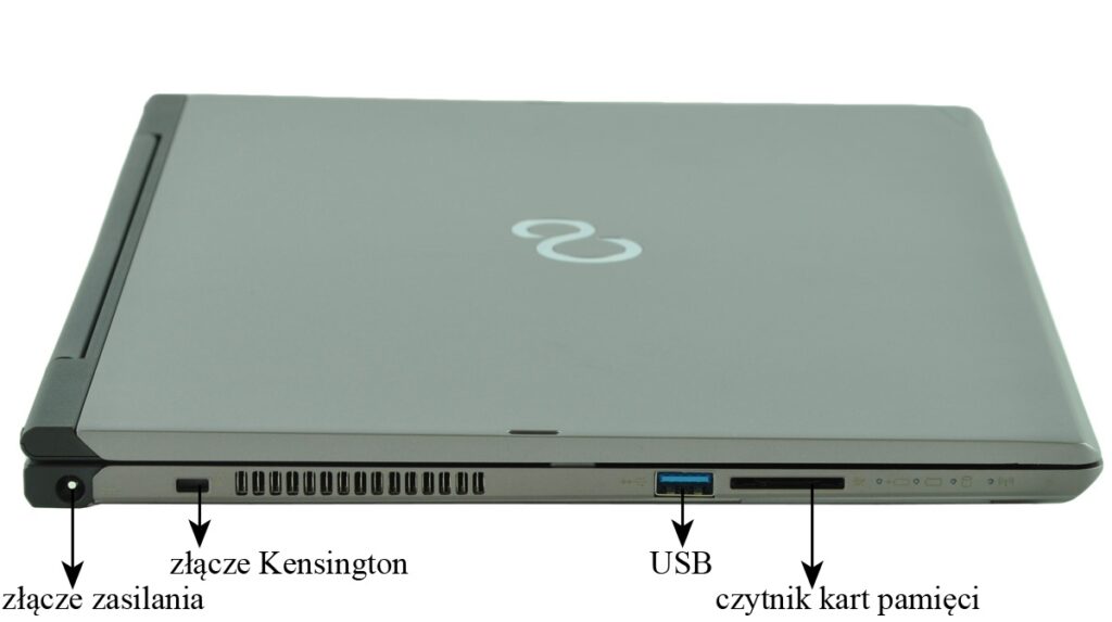 fujitsu-lifebook-t904-lk_130552 - lab-kuzniewski.pl - Testy laptopów, recenzje i porównania Side view of a closed laptop showing power port, Kensington lock slot, USB port, and SD card reader.