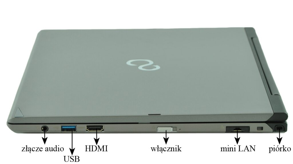 fujitsu-lifebook-t904-lk_130554 - lab-kuzniewski.pl - Testy laptopów, recenzje i porównania Side view of a closed gray laptop showing ports from left to right: audio jack, USB, HDMI, power button, mini LAN, and a stylus on the right.