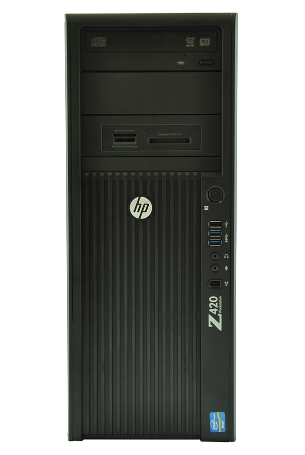 Front view of an HP Z420 tower workstation with optical drive, USB ports, and power button visible on the right side panel.