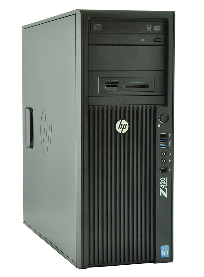 Front view of an HP Z420 desktop workstation tower with USB ports and optical drive on the front panel, HP logo visible.
