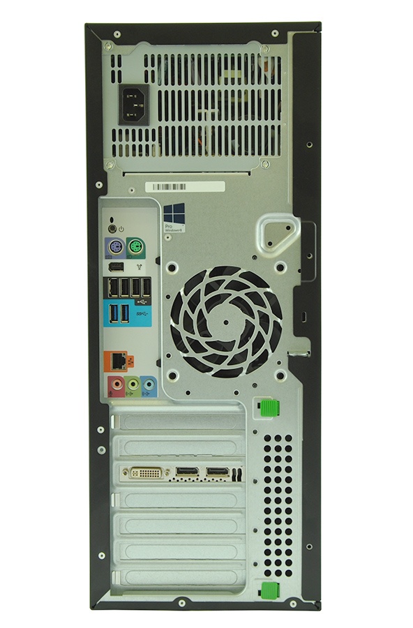 Back view of a tower PC: power supply at top, large rear cooling fan, I/O panel with USB and audio ports, Ethernet jack, multiple expansion slots, and drive bays.