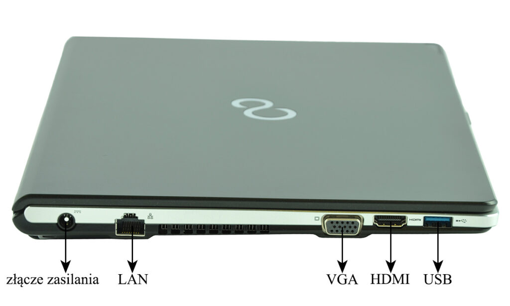Side view of a closed laptop showing labeled ports: power connector, LAN jack, VGA, HDMI, and USB ports on the rear edge.