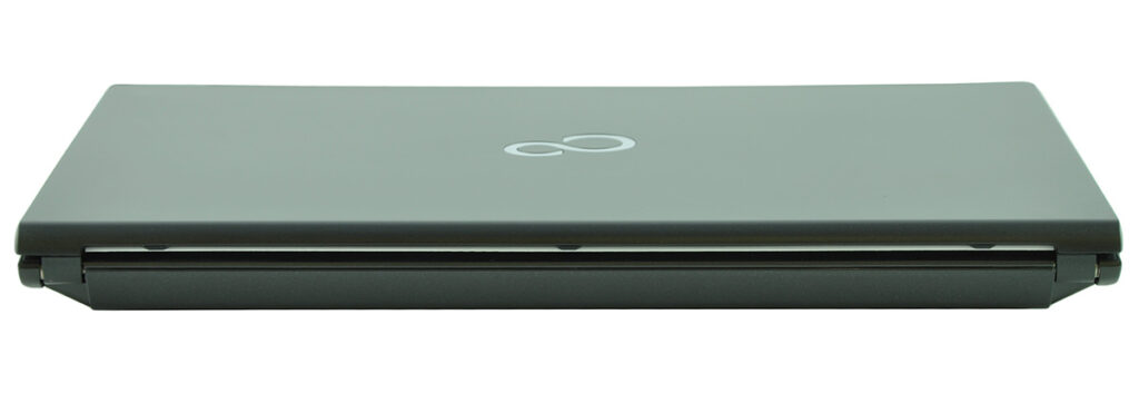 Closed dark gray laptop seen from the side with a light logo on the lid (GO)
