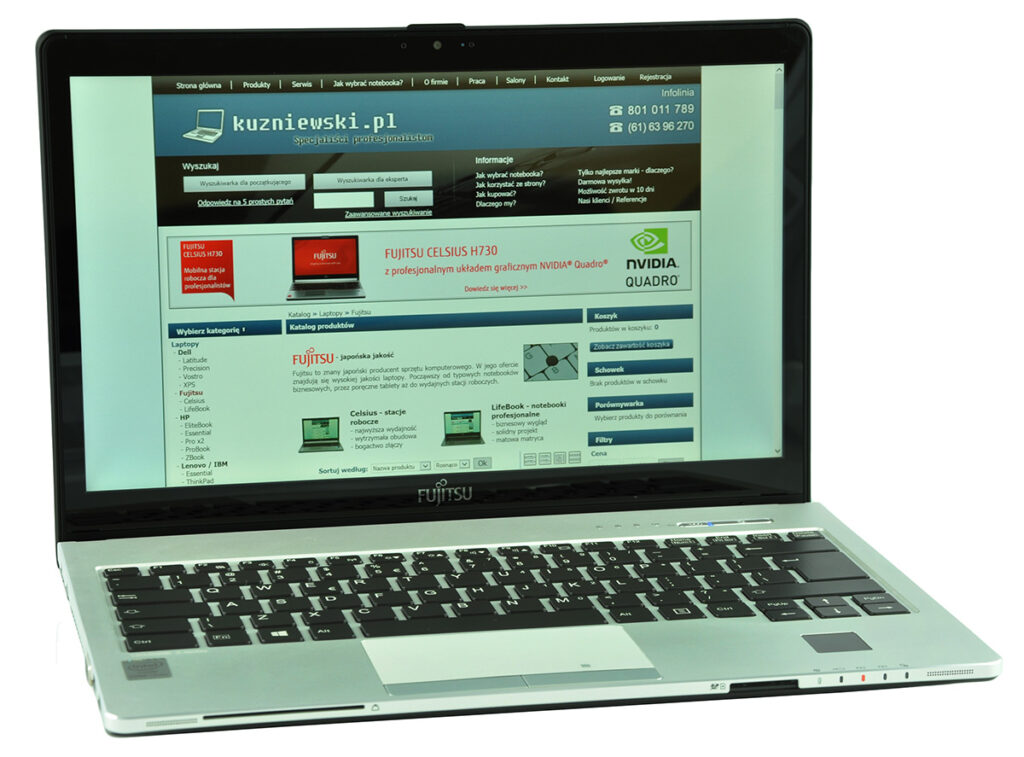 Laptop screen shows a Polish tech website kuzniowski.pl with navigation and product banners.
