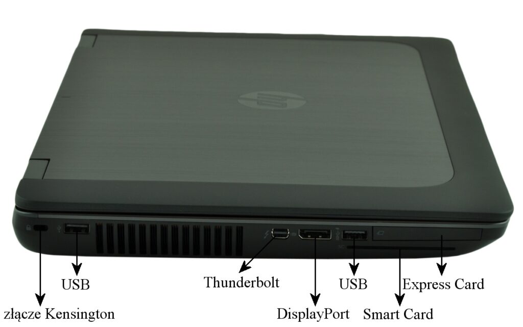 laptop-hp-zbook15-g2-13 - lab-kuzniewski.pl - Testy laptopów, recenzje i porównania Closed laptop edge showing ports: Kensington lock, USB, Thunderbolt, DisplayPort, USB, Smart Card, and Express Card.