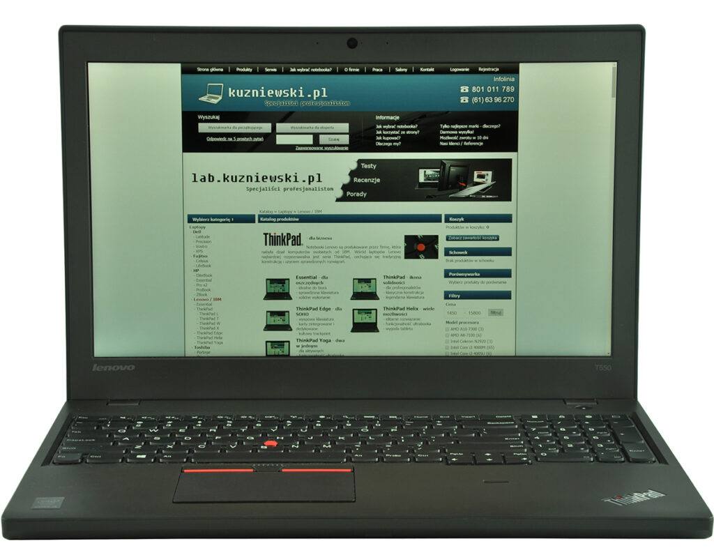 laptop-lenovo-thinkpad-t550-1 - lab-kuzniewski.pl - Testy laptopów, recenzje i porównania Lenovo ThinkPad laptop open to a website mockup in Polish on the screen