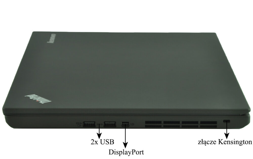 laptop-lenovo-thinkpad-t550-15 - lab-kuzniewski.pl - Testy laptopów, recenzje i porównania Side view of a closed Lenovo ThinkPad showing two USB ports, a DisplayPort, and a Kensington lock on the right edge.