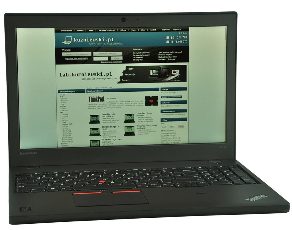 laptop-lenovo-thinkpad-t550-3 - lab-kuzniewski.pl - Testy laptopów, recenzje i porównania Lenovo ThinkPad laptop with a Polish website homepage open on the screen, keyboard visible in the foreground