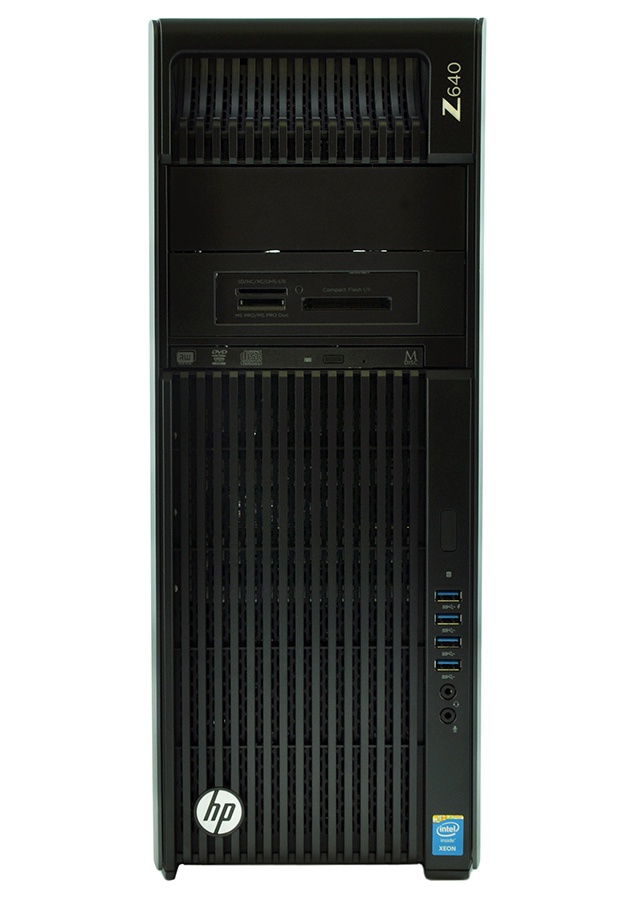 Front view of an HP Z640 workstation tower showing drive bays, USB ports, audio jacks, and an Intel Xeon sticker with HP logo.