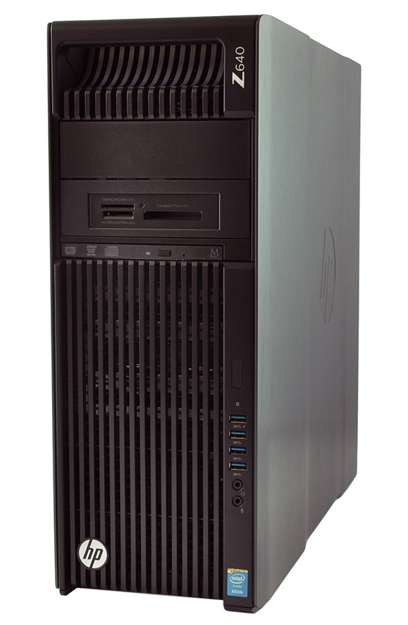 Front view of an HP Z640 tower workstation with optical drive, front USB ports, ventilation grille, and Intel Xeon sticker.