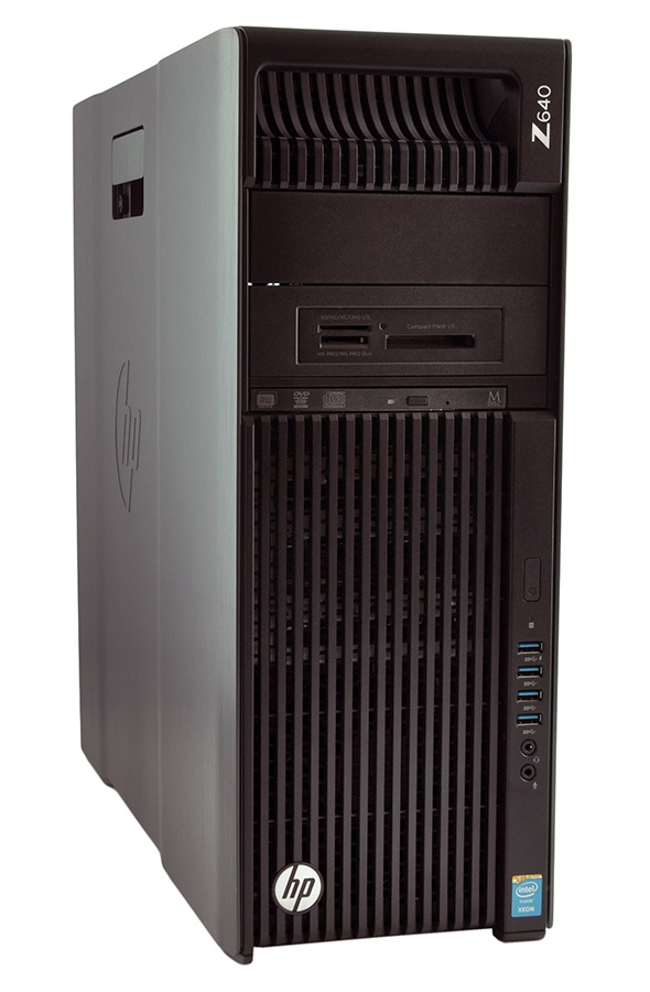 Front view of an HP Z640 workstation tower with DVD drive, USB ports, and large ventilation grille on the front panel.
