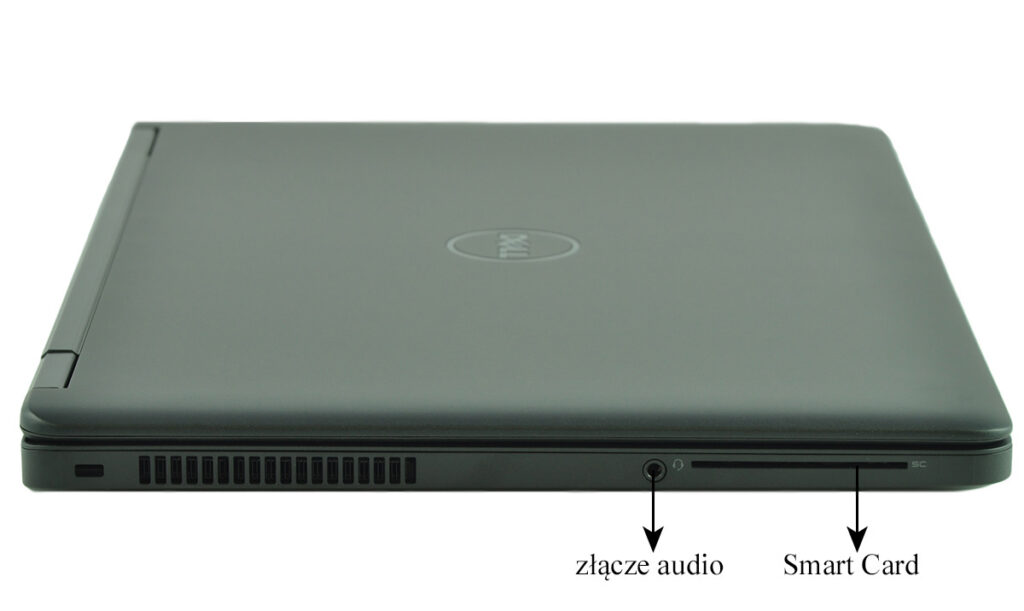 Front edge of a closed Dell laptop showing the audio jack and Smart Card slot.