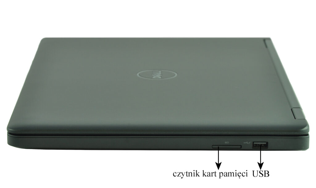 Closed Dell laptop seen from the right side with an SD card reader and a USB port along the edge, on a light background