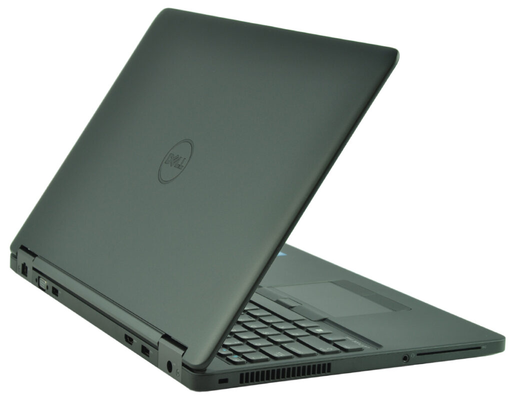 Open black Dell laptop viewed from the rear-right, showing the keyboard and side ports on a white background.