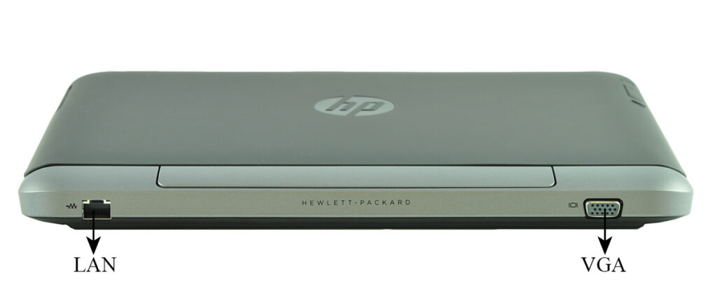 laptop-hp-probook-x2-612-12 - lab-kuzniewski.pl - Testy laptopów, recenzje i porównania Side view of a closed HP laptop showing LAN (Ethernet) port on the left and VGA port on the right.