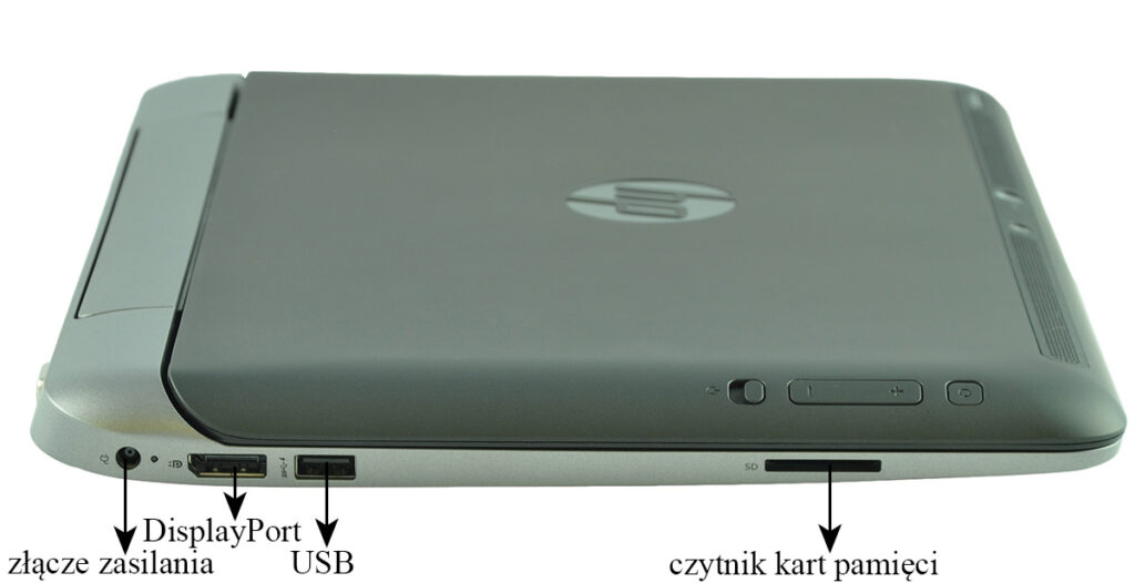 laptop-hp-probook-x2-612-13 - lab-kuzniewski.pl - Testy laptopów, recenzje i porównania Laptop closed with side ports: power, DisplayPort, USB, and SD card reader.