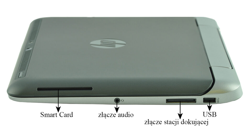 laptop-hp-probook-x2-612-14 - lab-kuzniewski.pl - Testy laptopów, recenzje i porównania Bottom edge of a closed laptop showing ports: Smart Card slot, audio jack, docking connector, and USB port.