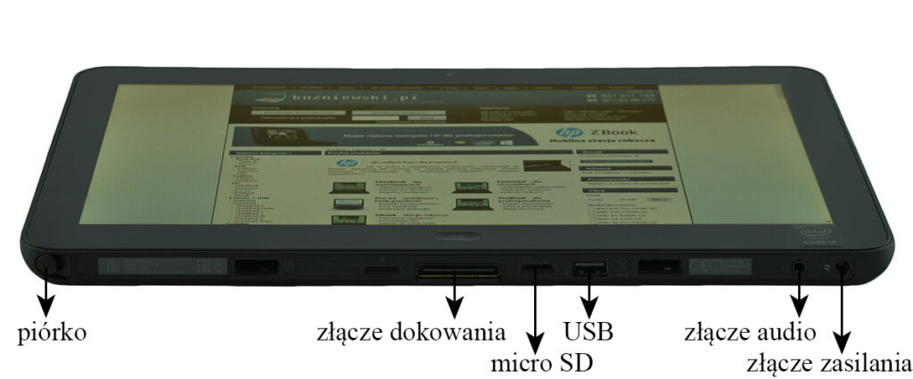 laptop-hp-probook-x2-612-15 - lab-kuzniewski.pl - Testy laptopów, recenzje i porównania Annotated diagram of a tablet viewed from the bottom edge, showing stylus, docking port, USB port, microSD slot, audio jack, and power connector.