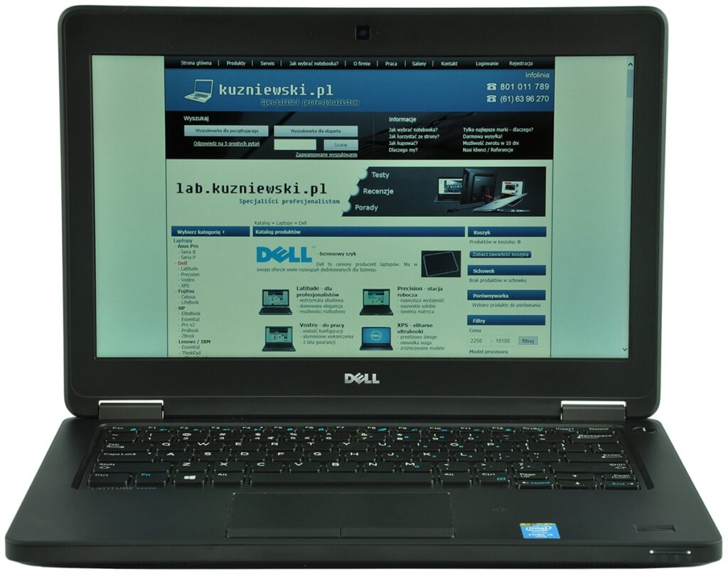dell-latitude-e5250-ca01_131695 - lab-kuzniewski.pl - Testy laptopów, recenzje i porównania Dell laptop open to a Polish tech website kuzniwski.pl with a blue header and navigation bar on the screen