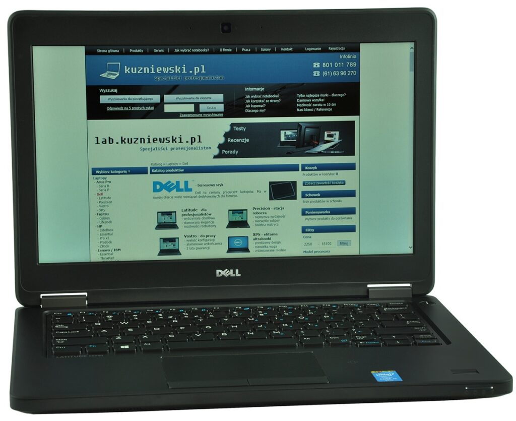 dell-latitude-e5250-ca01_131697 - lab-kuzniewski.pl - Testy laptopów, recenzje i porównania Open Dell laptop displaying a web page in Polish with a blue header and Dell logo on the screen area.