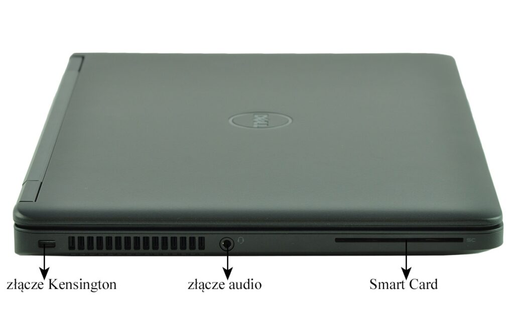 dell-latitude-e5250-ca01_131707 - lab-kuzniewski.pl - Testy laptopów, recenzje i porównania Closed Dell laptop viewed from the front left edge showing Kensington lock slot, audio jack, and Smart Card slot.