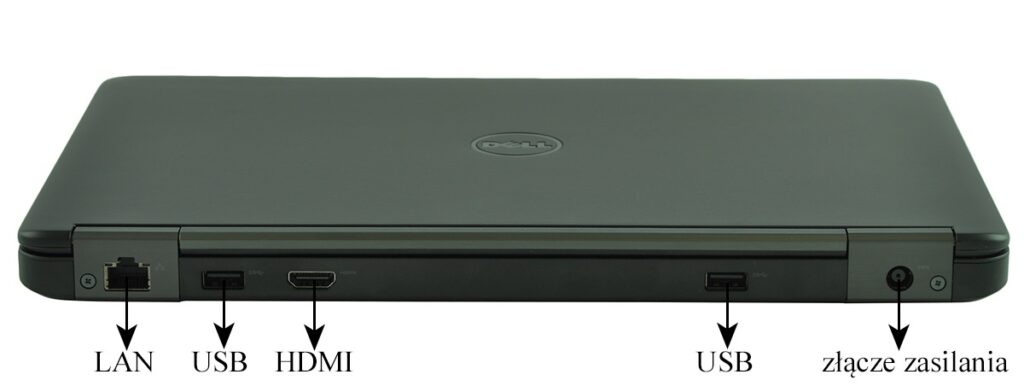 dell-latitude-e5250-ca01_131708 - lab-kuzniewski.pl - Testy laptopów, recenzje i porównania Side view of a closed Dell laptop showing LAN, USB, HDMI ports and a power connector on the edges.