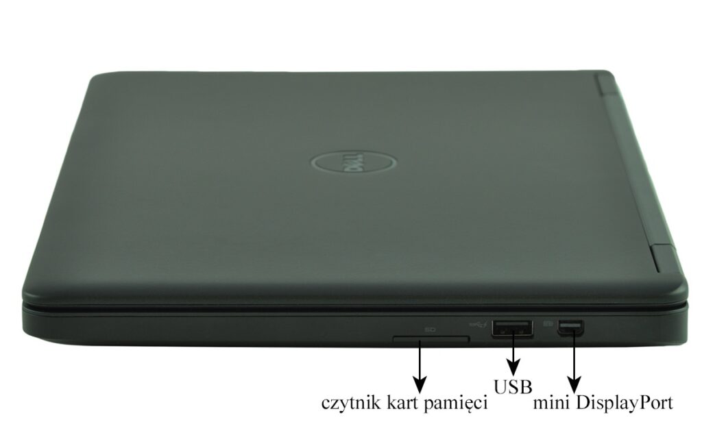 dell-latitude-e5250-ca01_131709 - lab-kuzniewski.pl - Testy laptopów, recenzje i porównania Closed Dell laptop viewed from the right side showing SD card reader, USB port, and mini DisplayPort.