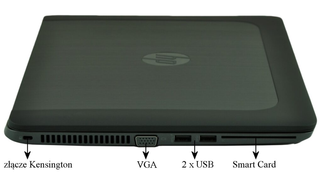 hp-zbook-14-g2-j8z75ea-c_130737 - lab-kuzniewski.pl - Testy laptopów, recenzje i porównania Side view of a laptop with ports: Kensington lock, VGA, two USB ports, and a smart card slot along the bottom edge