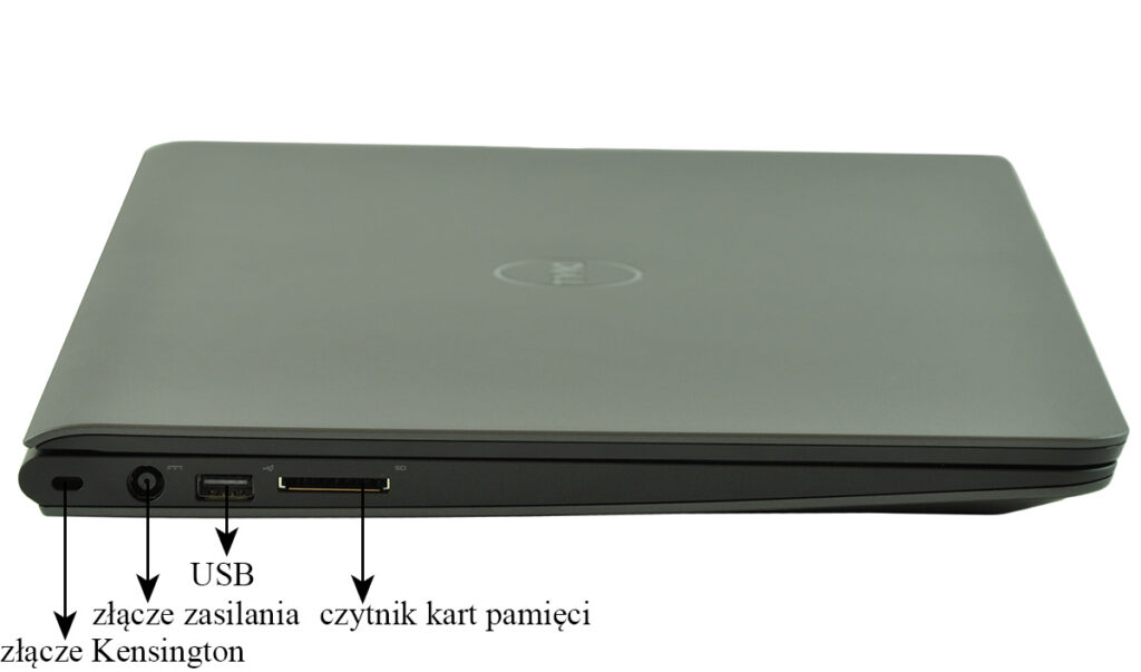Zamknięty laptop z lewego boku: Kensington, zasilanie, USB i czytnik kart SD/ pamięci.