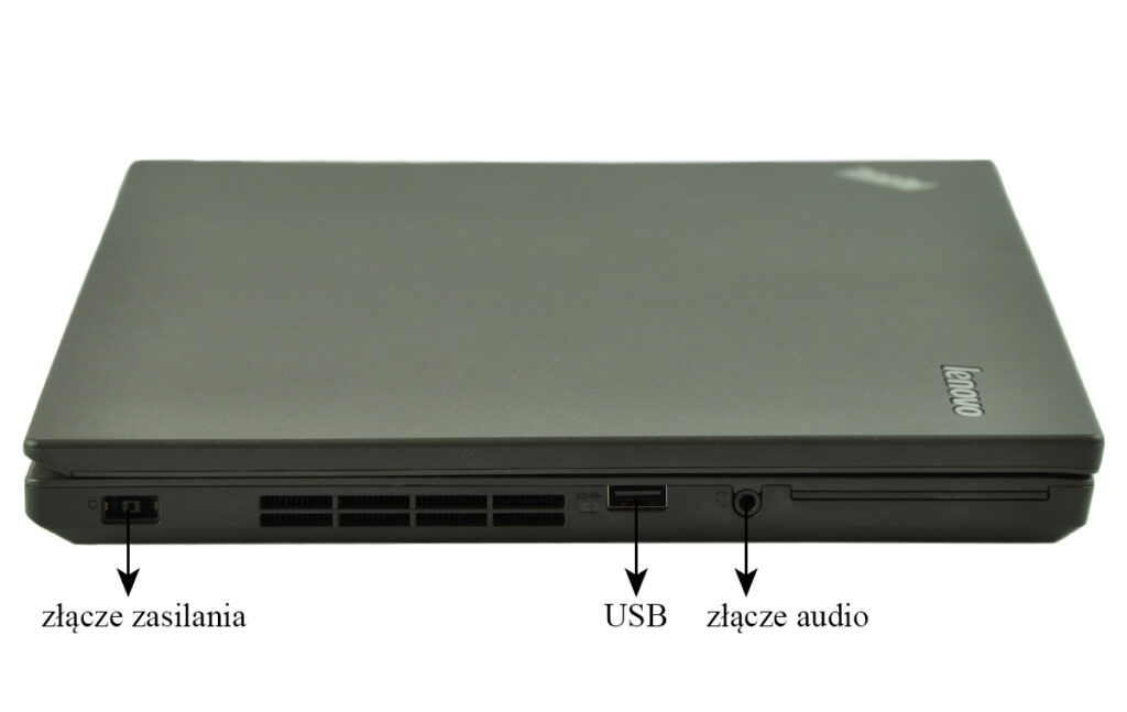 laptop-lenovo-thinkpad-l450-13 - lab-kuzniewski.pl - Testy laptopów, recenzje i porównania Zamknięty czarny laptop z widocznymi złączami na przedniej krawędzi: zasilanie, USB i złącze audio (Lenovo).