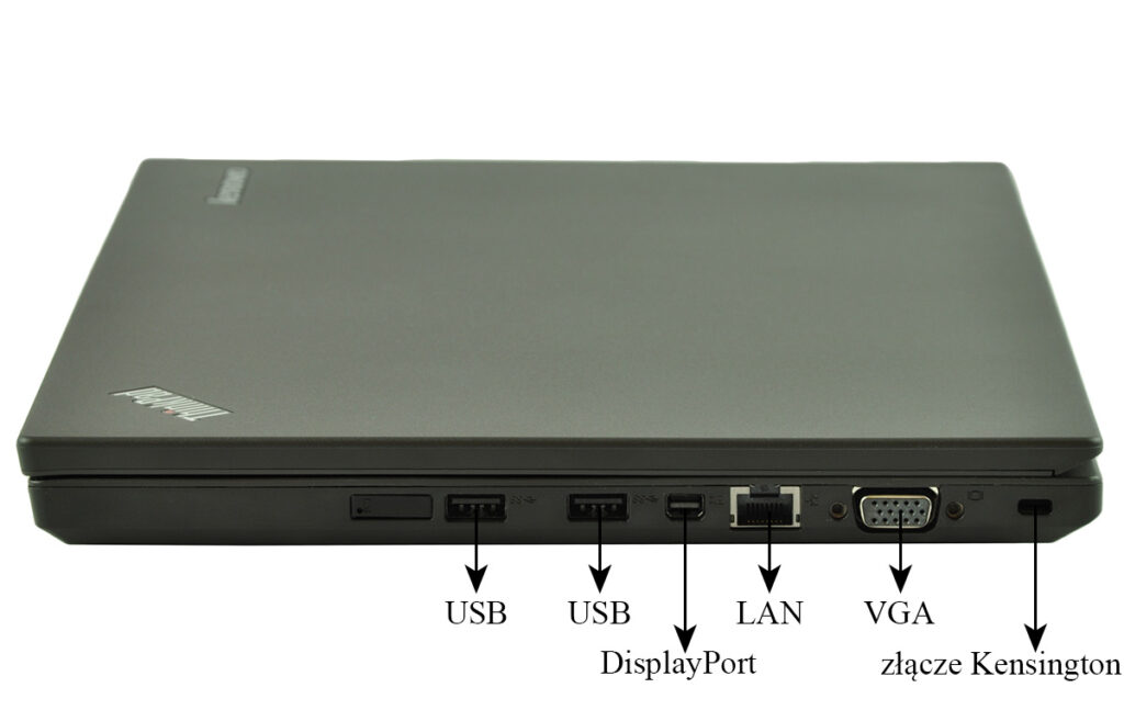 laptop-lenovo-thinkpad-l450-15 - lab-kuzniewski.pl - Testy laptopów, recenzje i porównania Side view of a closed black Lenovo ThinkPad showing USB, USB, DisplayPort, LAN, VGA, and Kensington lock ports on the side.