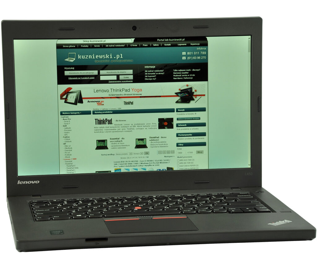 laptop-lenovo-thinkpad-l450-3 - lab-kuzniewski.pl - Testy laptopów, recenzje i porównania Lenovo ThinkPad laptop displaying a Polish technology website on the screen.