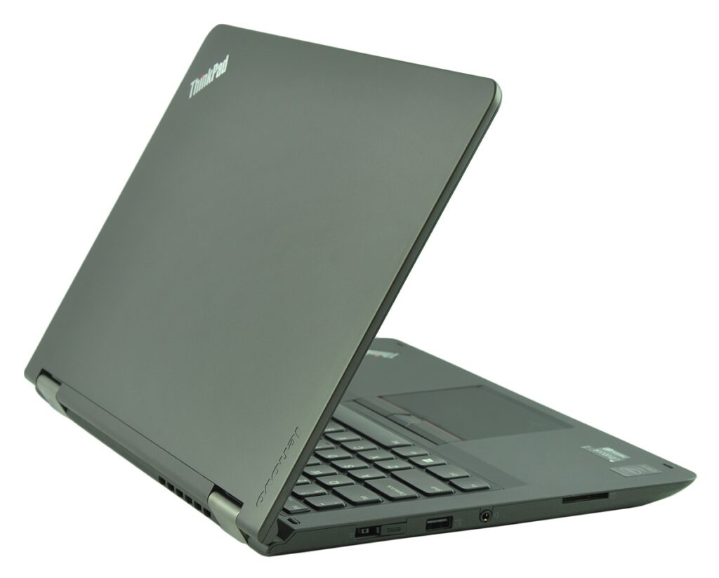 lenovo-thinkpad-yoga-14_131822 - lab-kuzniewski.pl - Testy laptopów, recenzje i porównania ThinkPad laptop partially open, angled to show keyboard and side ports on a gray body
