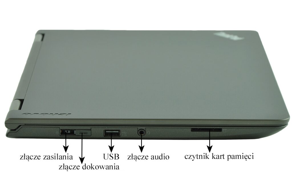 lenovo-thinkpad-yoga-14_131831 - lab-kuzniewski.pl - Testy laptopów, recenzje i porównania Boczny widok laptopa z opisanymi portami: zasilanie, złącze dokowania, USB, złącze audio i czytnik kart pamięci (oznaczenia po polsku).
