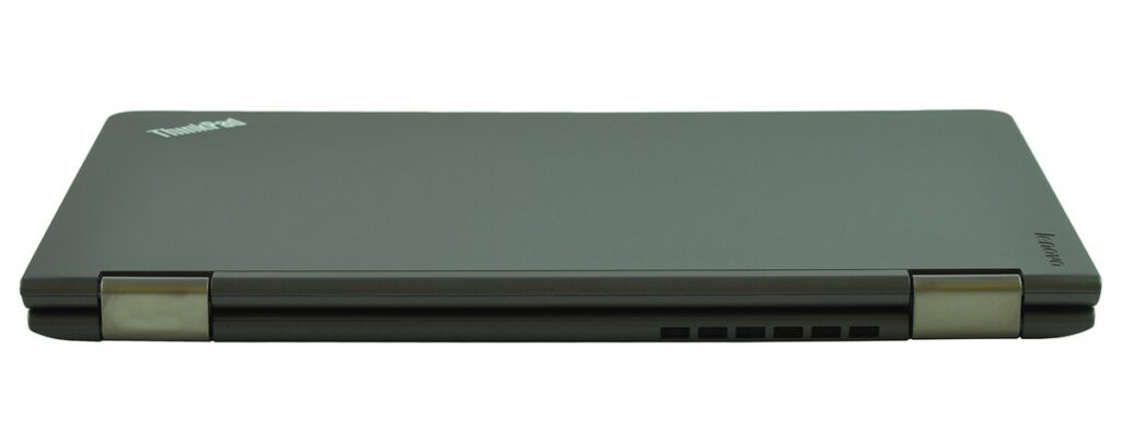 lenovo-thinkpad-yoga-14_131832 - lab-kuzniewski.pl - Testy laptopów, recenzje i porównania Closed Lenovo ThinkPad laptop viewed from the side, with hinges visible and vent area in the middle.