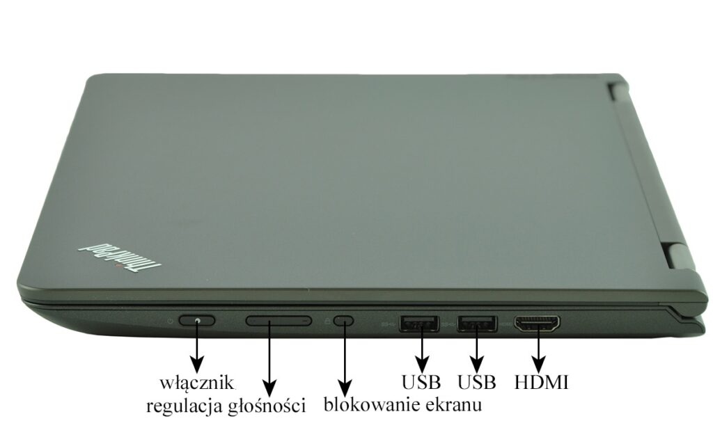 lenovo-thinkpad-yoga-14_131833 - lab-kuzniewski.pl - Testy laptopów, recenzje i porównania Zamknięty laptop z lewej strony: przycisk włączania, regulacja głośności, przełącznik blokady ekranu, dwa porty USB i złącze HDMI.
