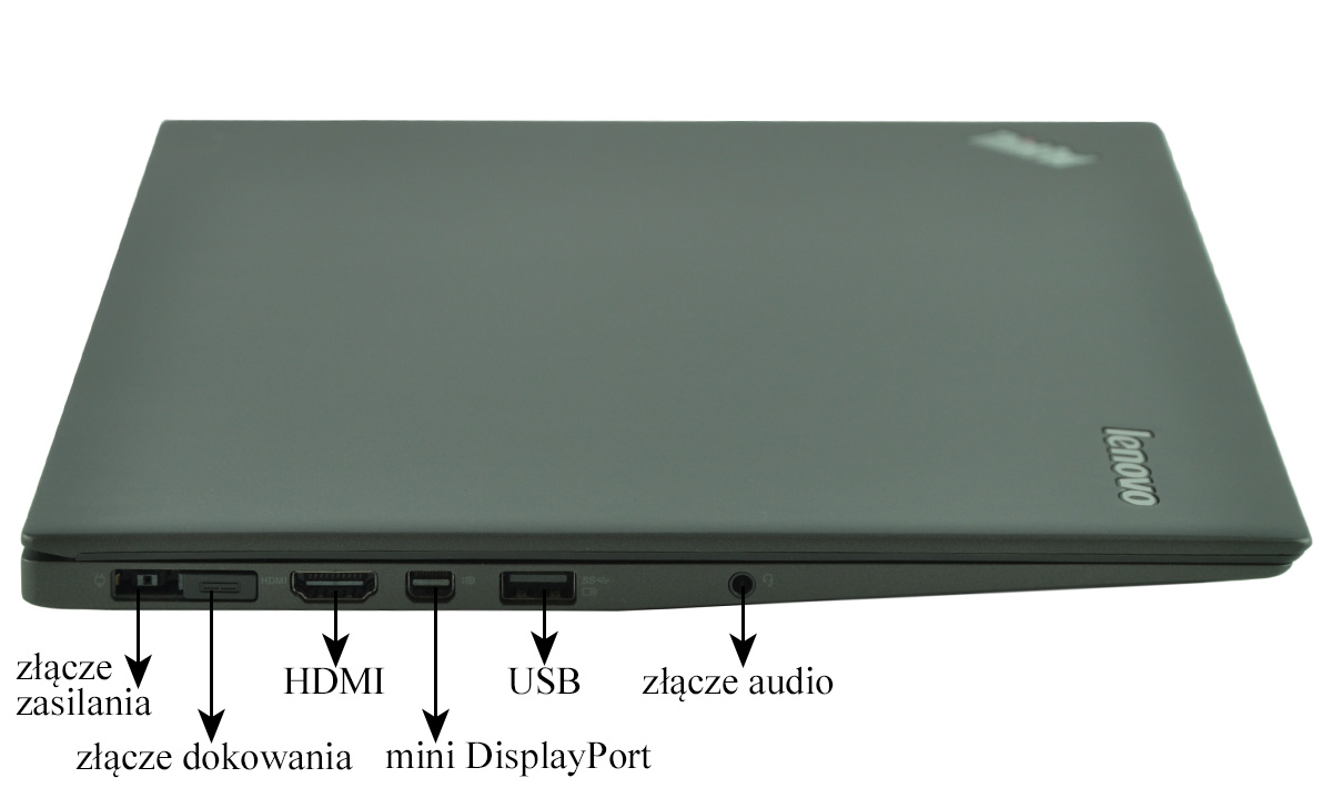 laptop-lenovo-thinkpad-x1-carbon3-13 - lab-kuzniewski.pl - Testy laptopów, recenzje i porównania Side view of a closed Lenovo laptop showing its ports: power, docking, HDMI, mini DisplayPort, USB, and audio/jack.