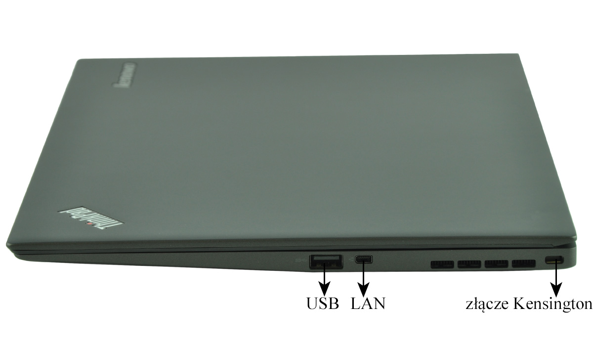 laptop-lenovo-thinkpad-x1-carbon3-15 - lab-kuzniewski.pl - Testy laptopów, recenzje i porównania Closed black Lenovo ThinkPad laptop with USB, LAN, and Kensington lock on the right edge.
