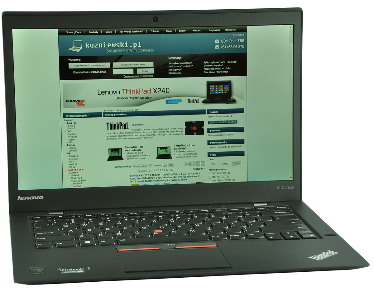 laptop-lenovo-thinkpad-x1-carbon3-3 - lab-kuzniewski.pl - Testy laptopów, recenzje i porównania Open Lenovo ThinkPad laptop displaying a Polish tech site with a ThinkPad X240 banner on the screen