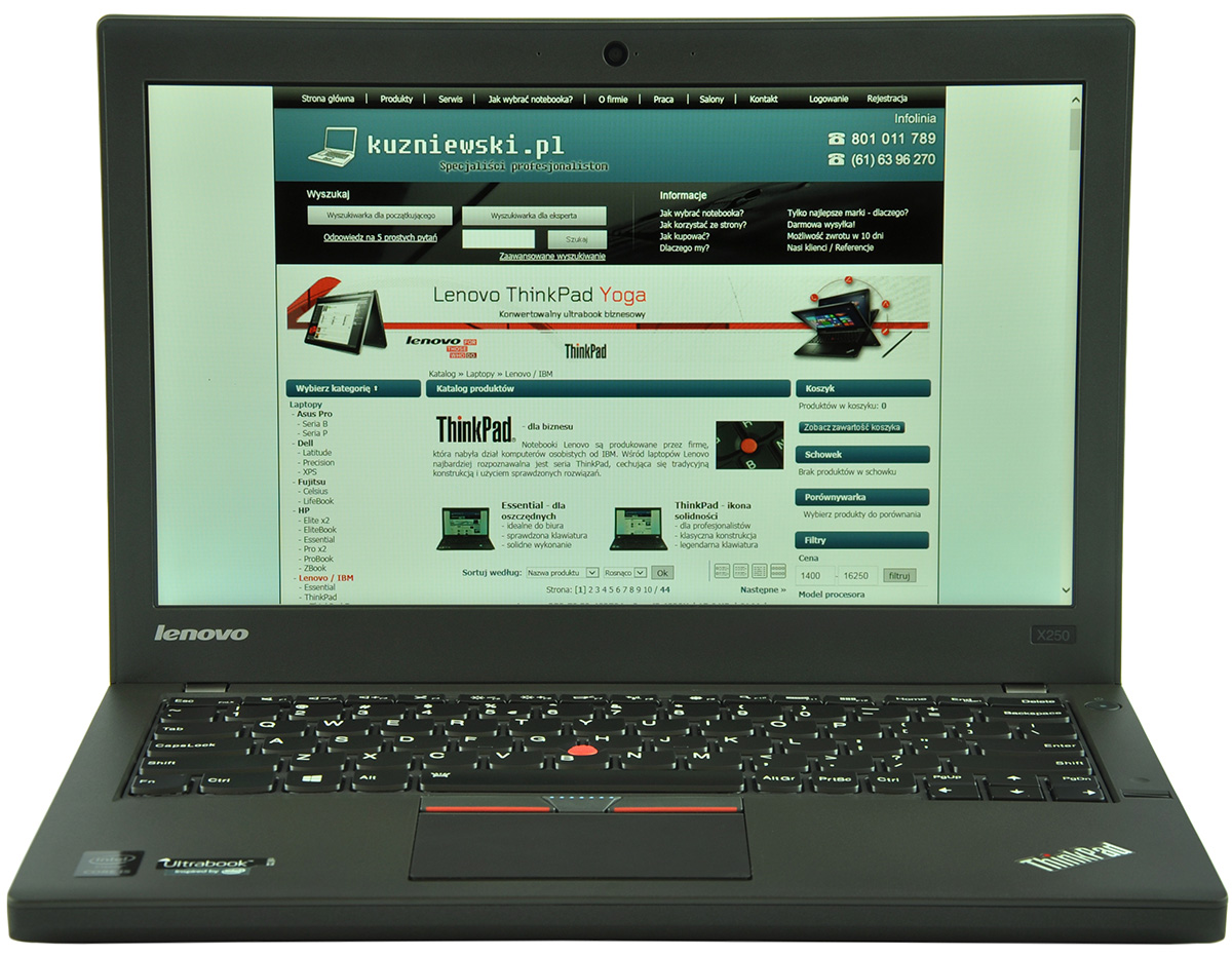 laptop-lenovo-thinkpad-x250-1 - lab-kuzniewski.pl - Testy laptopów, recenzje i porównania Open black Lenovo ThinkPad laptop showing a Polish tech website on the screen, including a Lenovo ThinkPad Yoga banner.