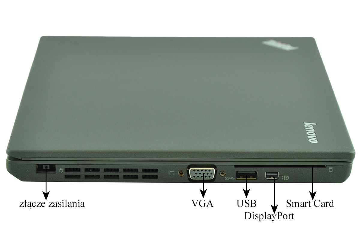 laptop-lenovo-thinkpad-x250-13 - lab-kuzniewski.pl - Testy laptopów, recenzje i porównania Closed laptop with side ports: power connector, VGA, USB, DisplayPort, and smart card reader.