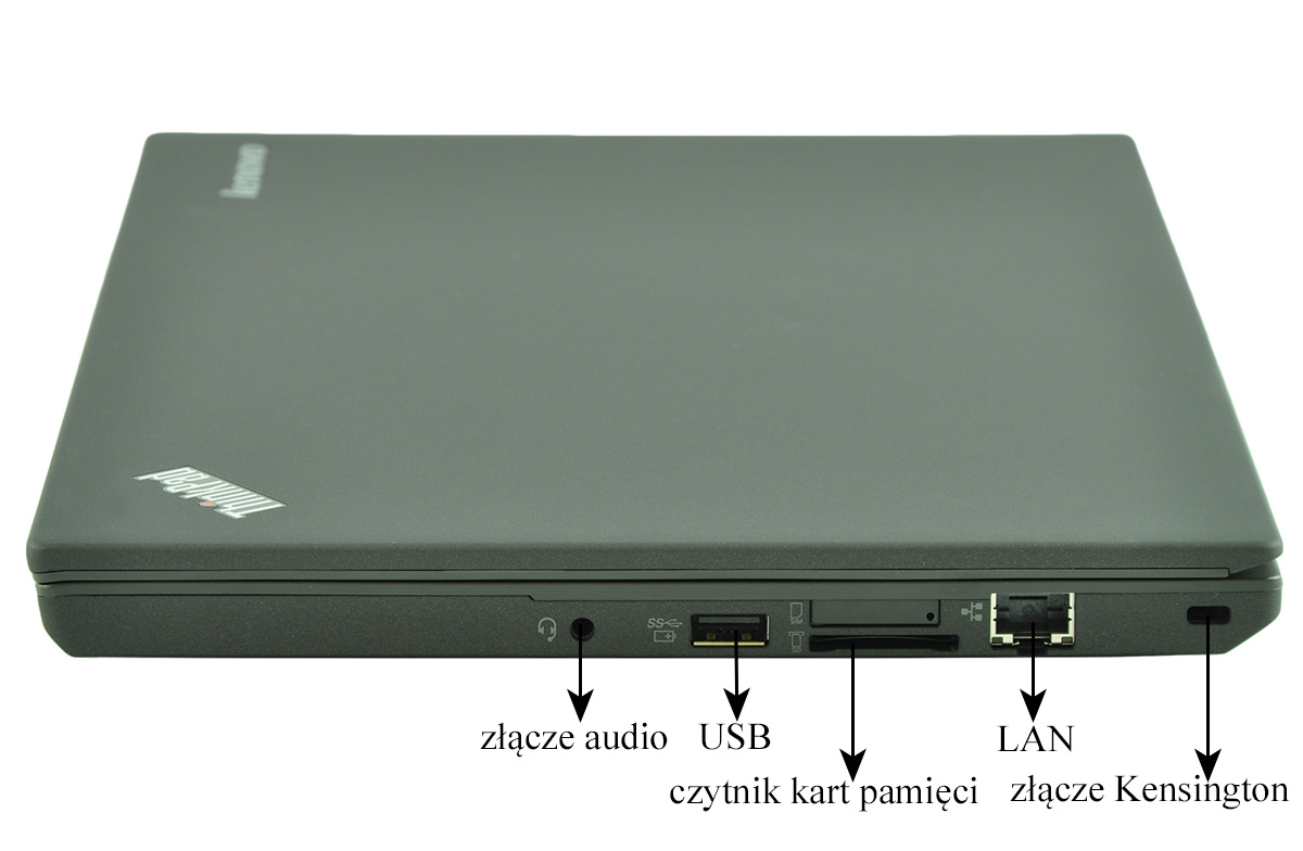 laptop-lenovo-thinkpad-x250-15 - lab-kuzniewski.pl - Testy laptopów, recenzje i porównania Side view of a laptop with labeled ports: audio jack, USB, memory card reader, LAN, and Kensington lock (Polish labels). Use to indicate port locations on the side of the device.