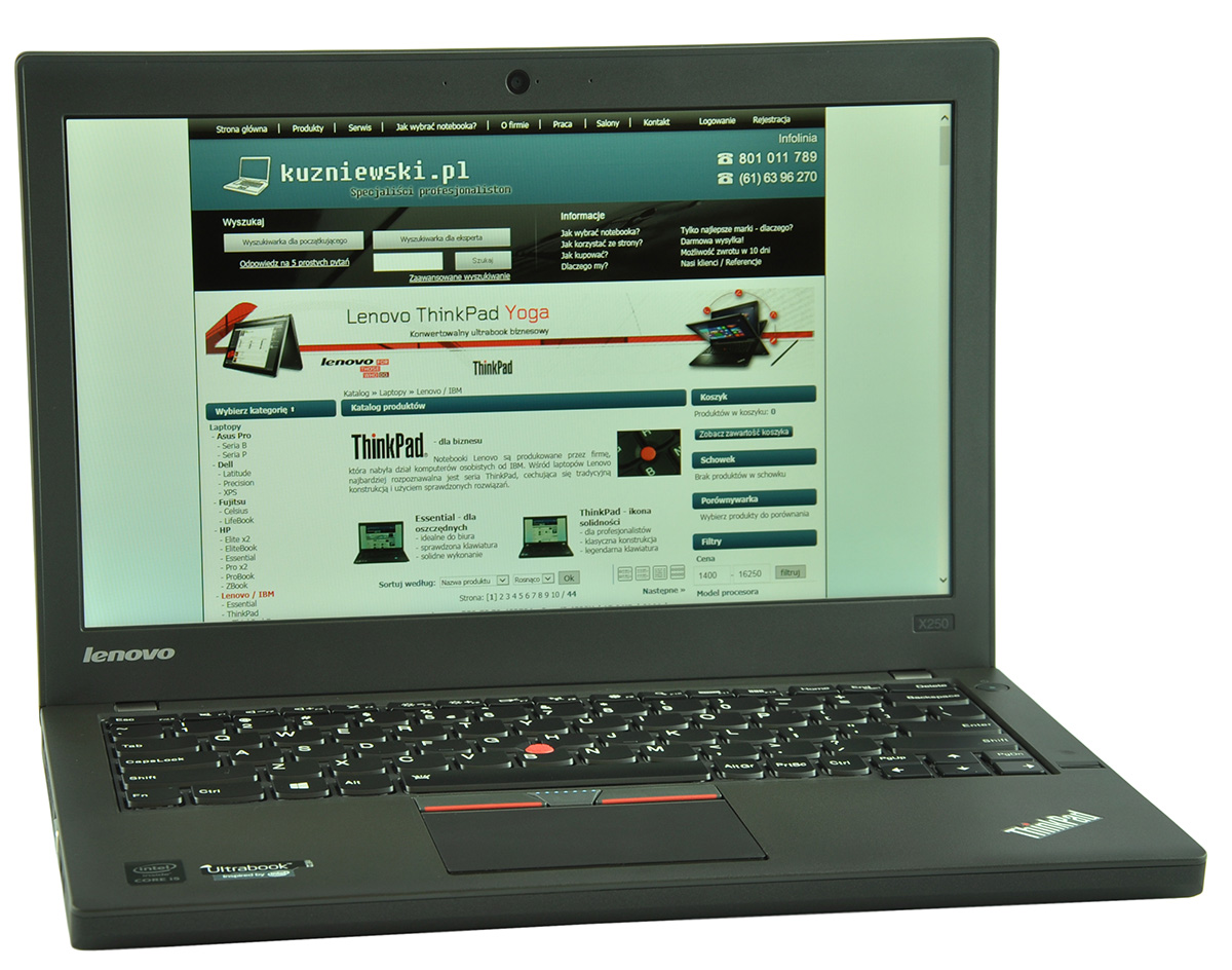 laptop-lenovo-thinkpad-x250-3 - lab-kuzniewski.pl - Testy laptopów, recenzje i porównania Open Lenovo ThinkPad laptop with a website displayed on the screen, showing a blue-green header and navigation bar.