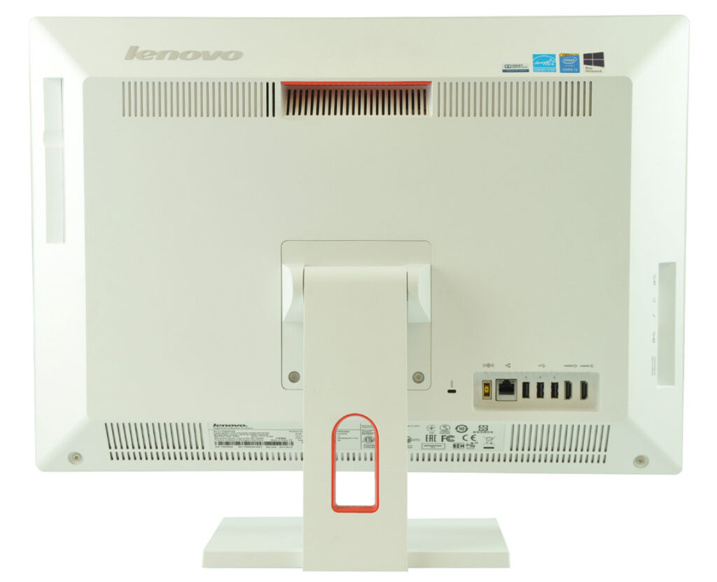 Rear view of a white Lenovo computer monitor on a stand, showing the right-side port panel with USB/HDMI and ventilation slots behind the screen.