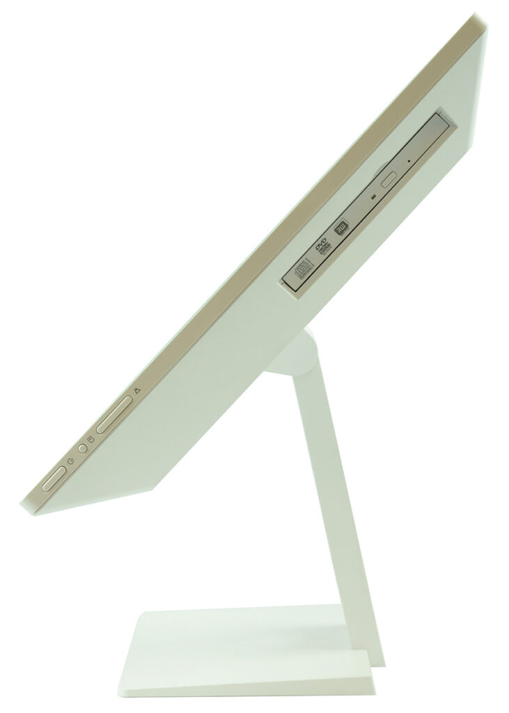 Side view of a slim white computer monitor on a stand, angled upward.