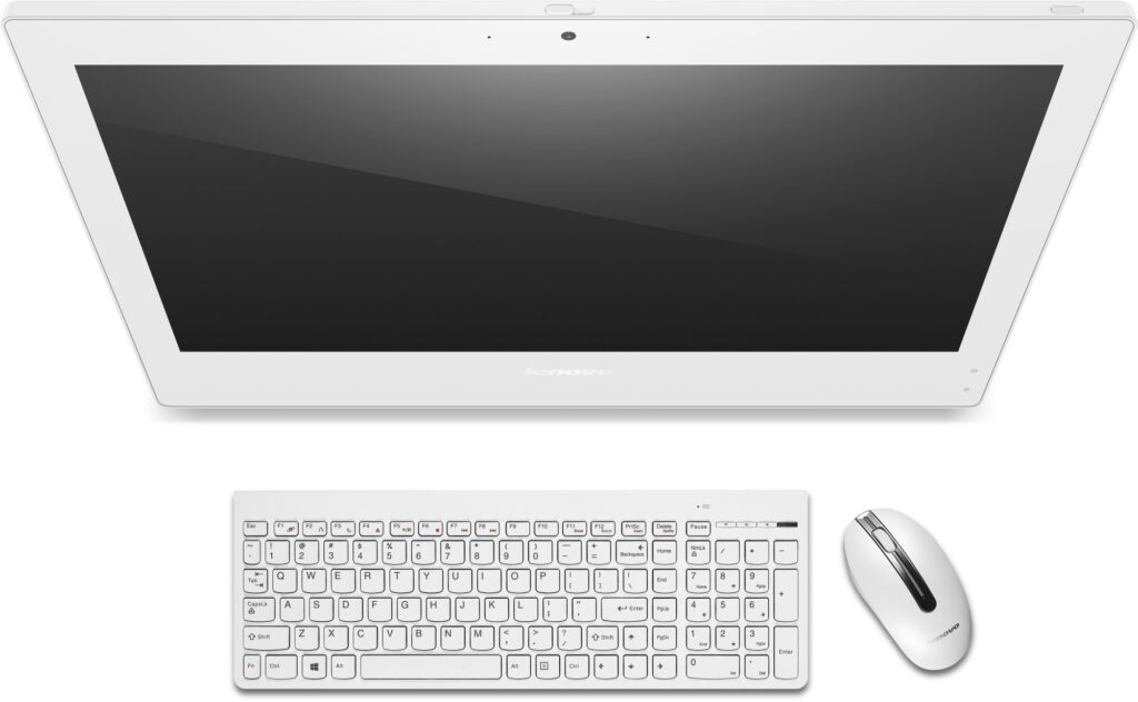 White Lenovo all-in-one desktop shown from a top-down angle with a large screen, wireless keyboard, and mouse on a white background.